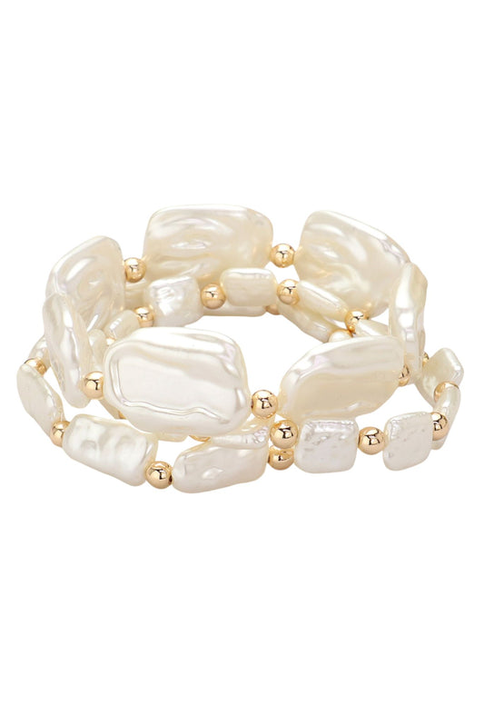 Flat Pearl and Gold Beaded Stretch Bracelet Set
