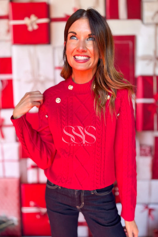 SSYS Larkyn Button Cable Knit Sweater In Red