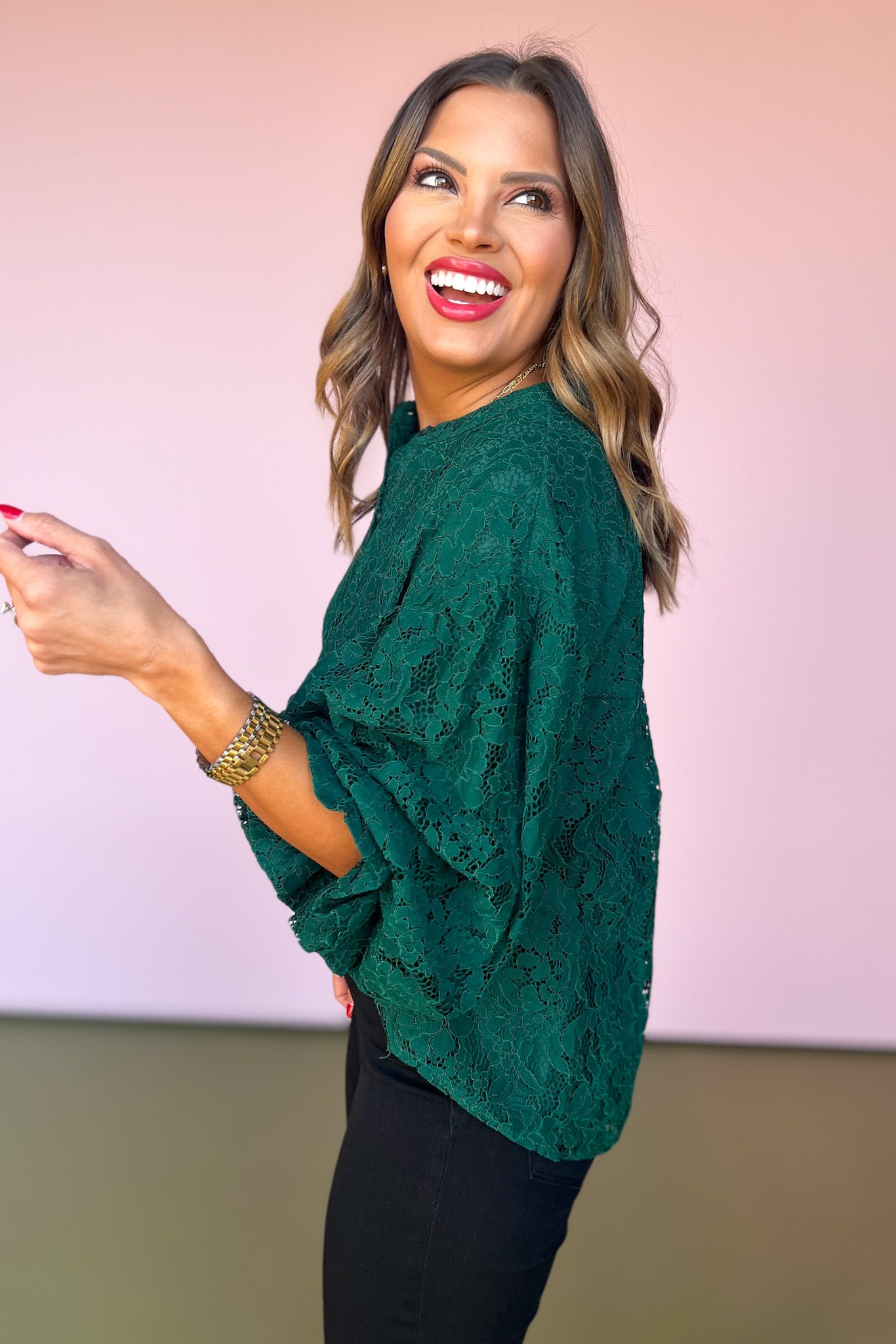 Hunter Green Lace Bubble Sleeve Button Front Top *FINAL SALE*