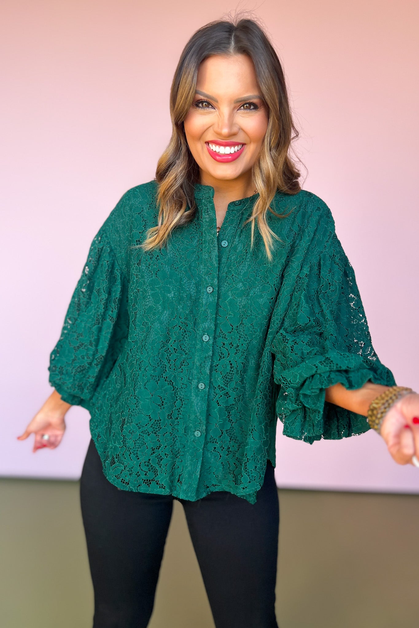 Hunter Green Lace Bubble Sleeve Button Front Top *FINAL SALE*