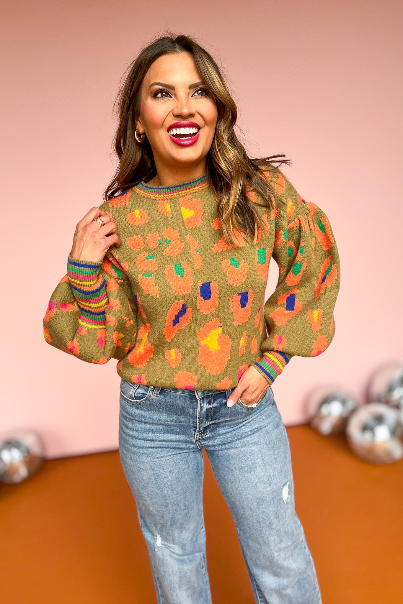 playful sweater, fun sweater, animal print sweater, colorful sweater, perfect fall sweater, chic fun sweater, balloon arm sweater, puff sleeve sweater, says by mallory Fitzsimmons