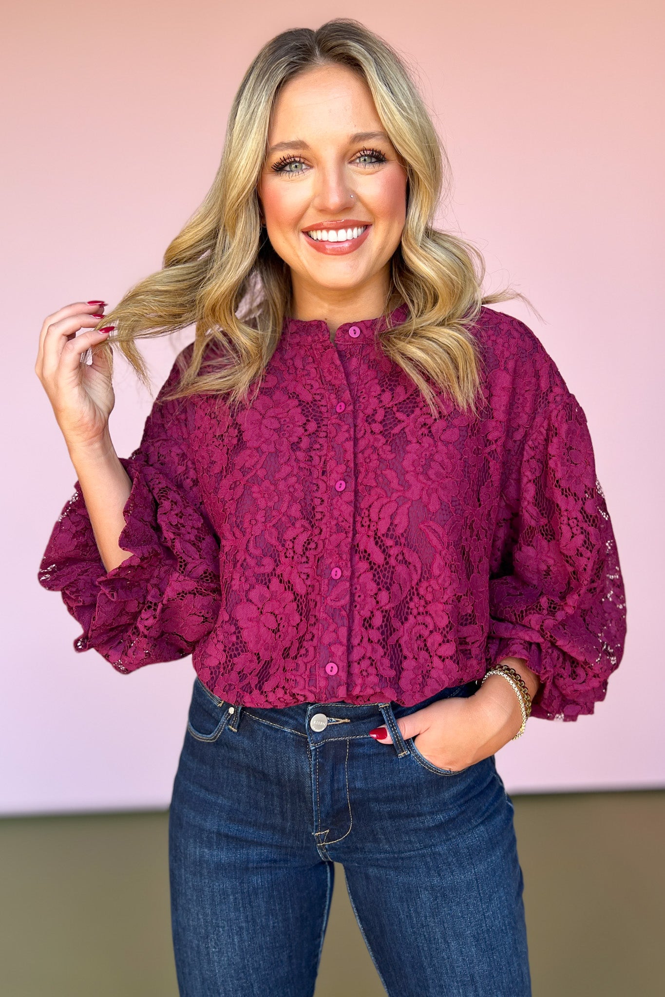 Maroon Lace Bubble Sleeve Button Front Top, must have top, must have style, fall style, fall fashion, elevated style, elevated style, mom style, shop style your senses by mallory fitzsimmons, ssys by mallory fitzsimmons