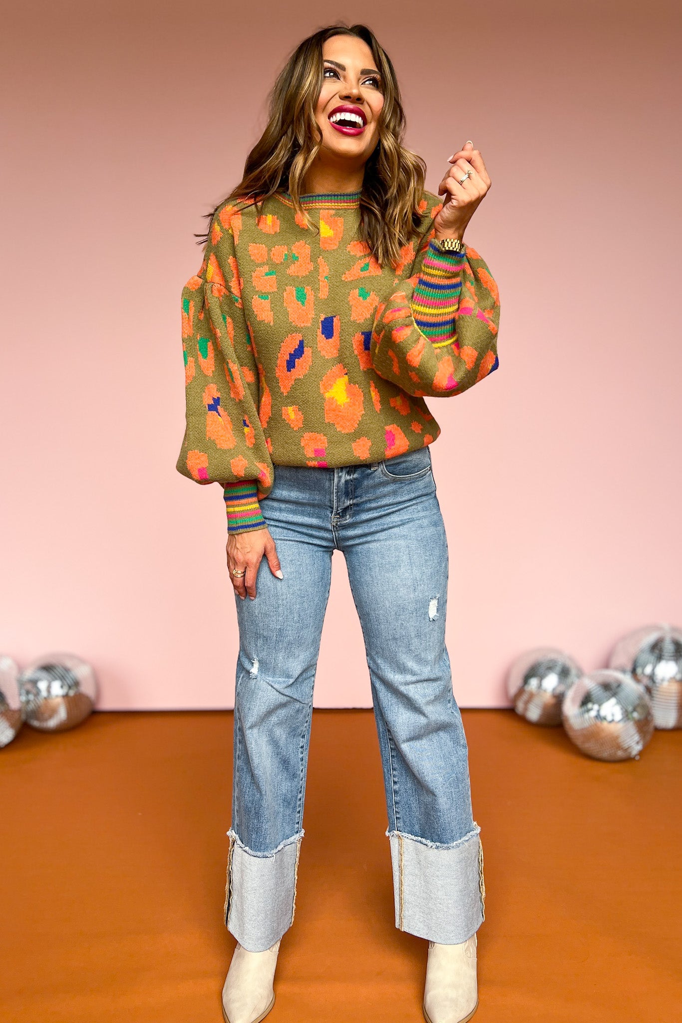 playful sweater, fun sweater, animal print sweater, colorful sweater, perfect fall sweater, chic fun sweater, balloon arm sweater, puff sleeve sweater, says by mallory Fitzsimmons