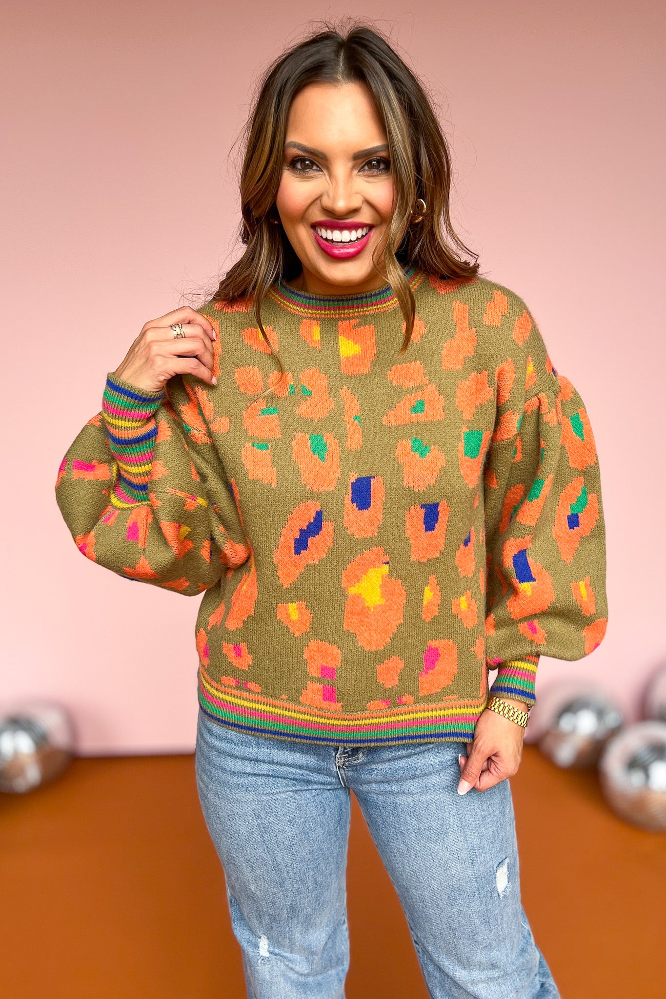 playful sweater, fun sweater, animal print sweater, colorful sweater, perfect fall sweater, chic fun sweater, balloon arm sweater, puff sleeve sweater, says by mallory Fitzsimmons