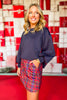 SSYS Crew Neck Printed Inset Scuba Sweatshirt In Navy Red Plaid