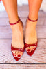 Red Textured Ankle Strap Heels