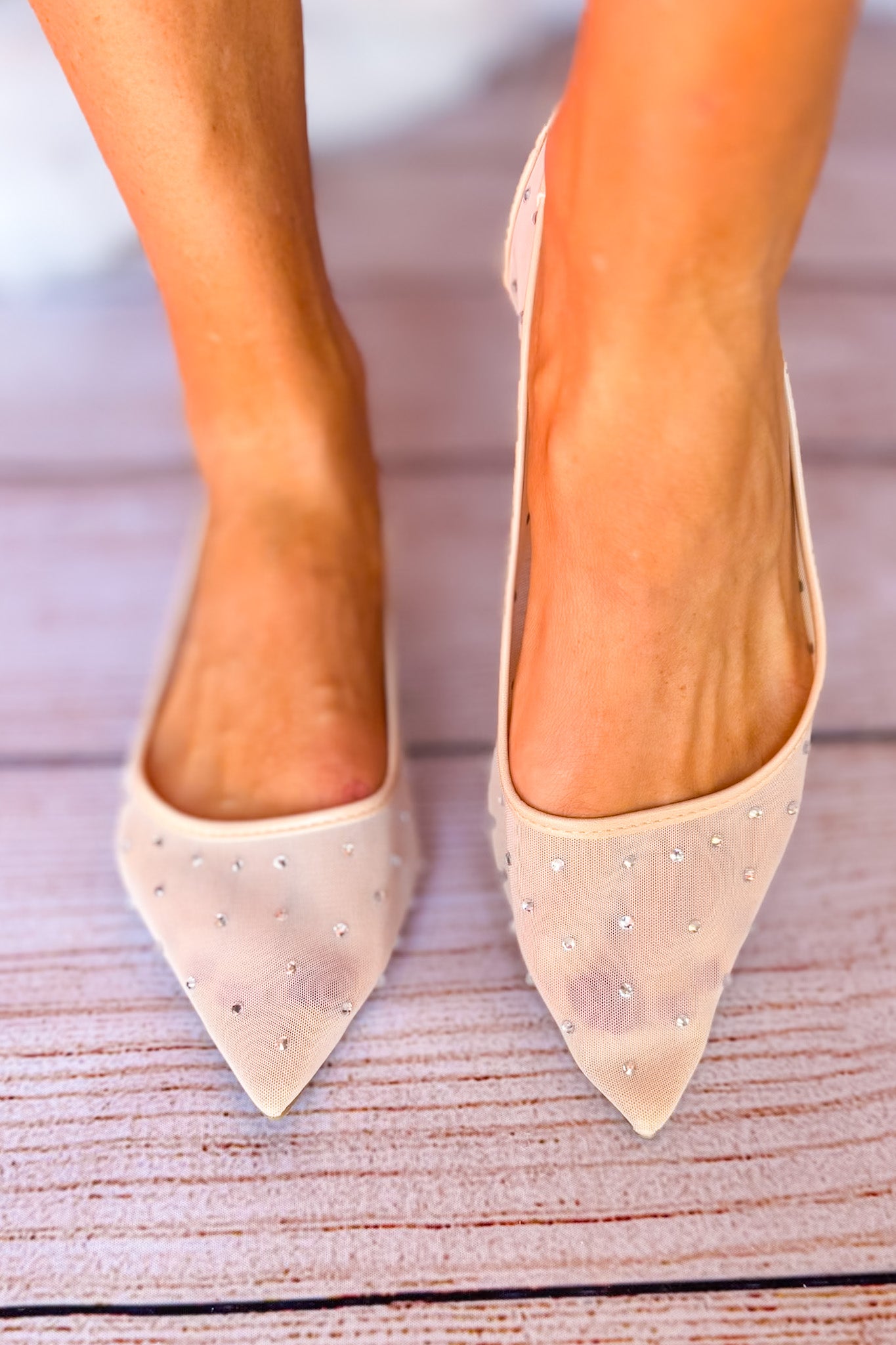 Nude Mesh Embellished Stone Flats