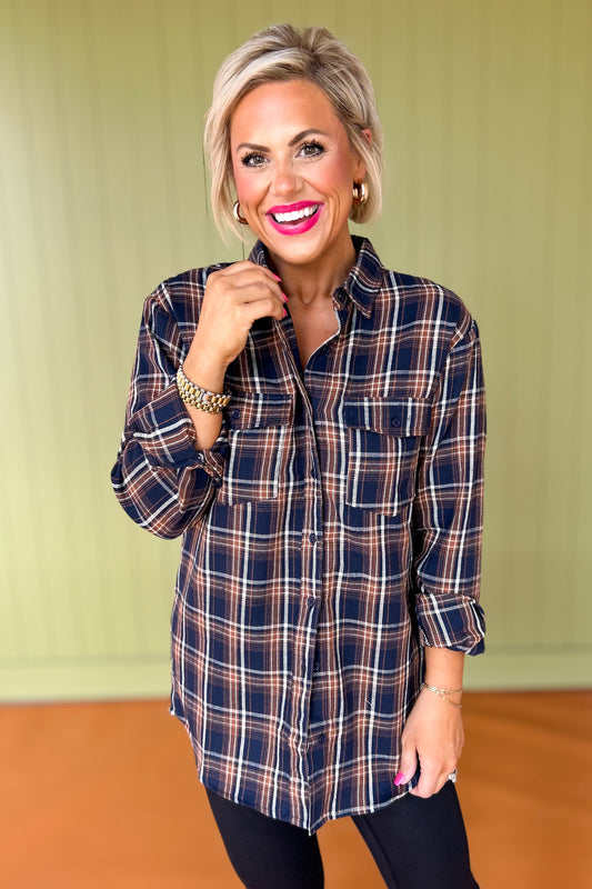 Navy Plaid Collared Button Down Front Pocket Top *FINAL SALE*, fall top, on sale top, oversized top, fall trend top, trendy top, fall fashion, fall outfit inspo, flirty fall fun, flannel top, button down top, perfect fall top, chic style, elevated basics, SSYS by mallory fitzsimmons