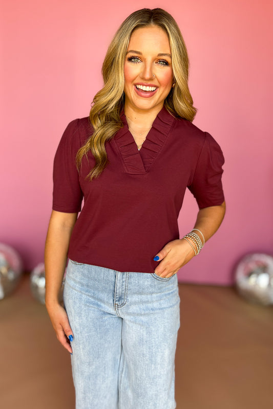 SSYS The Savannah Ruffle Collar 3/4 Sleeve Top In Oxblood, ssys the label, ssys top, savannah top, must have top, ruffle neck top, elevated top, mom style, fall style, fall fashion, shop style your senses by Mallory Fitzsimmons, ssys by Mallory Fitzsimmons