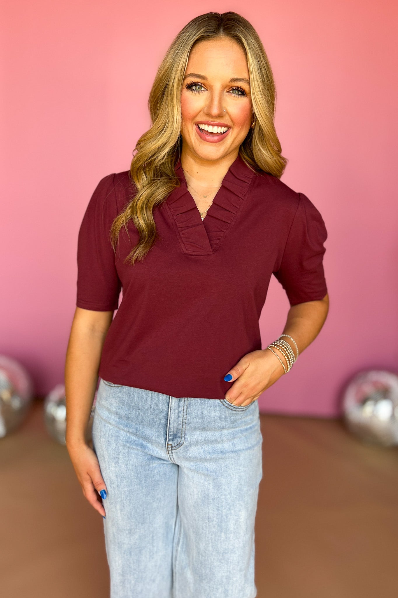 SSYS The Savannah Ruffle Collar 3/4 Sleeve Top In Oxblood, ssys the label, ssys top, savannah top, must have top, ruffle neck top, elevated top, mom style, fall style, fall fashion, shop style your senses by Mallory Fitzsimmons, ssys by Mallory Fitzsimmons