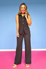 Black Plisse Knit Sleeveless Top Wide Leg Pant Set