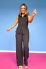 Black Plisse Knit Sleeveless Top Wide Leg Pant Set
