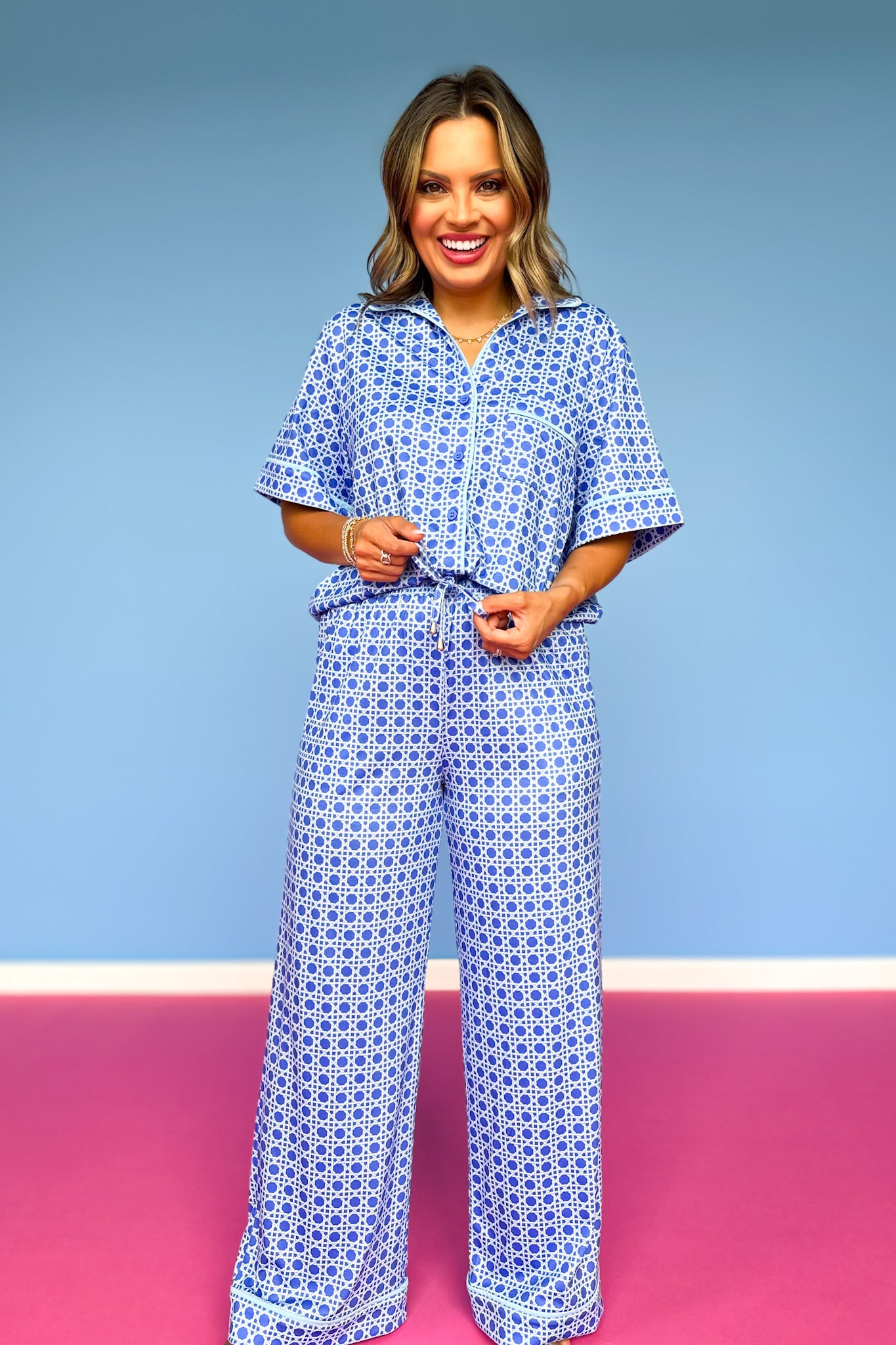 SSYS Millie Short Sleeve Pajama Set In Blue Cane
