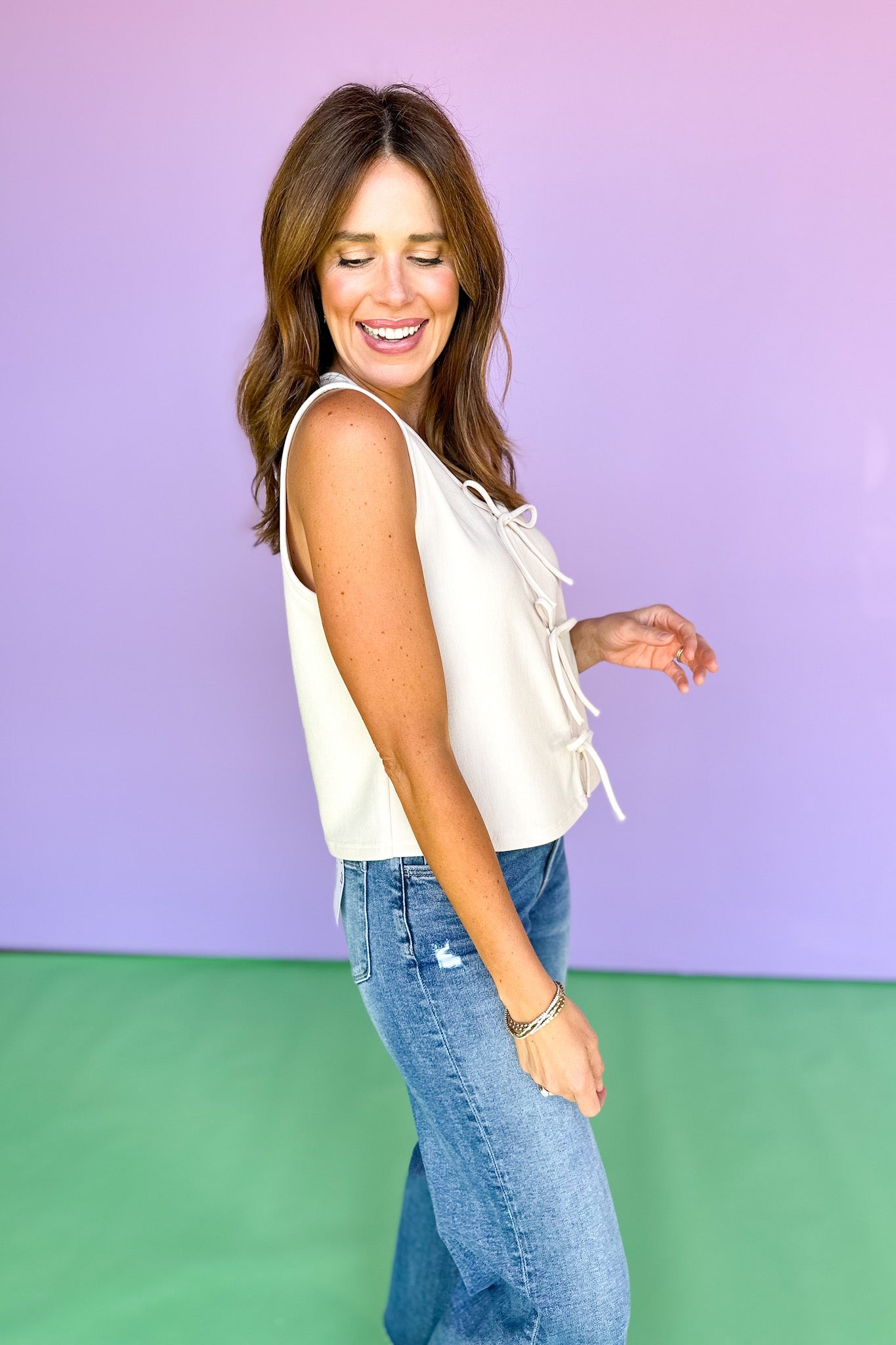 Cream Bow Ties Sleeveless Vest Top