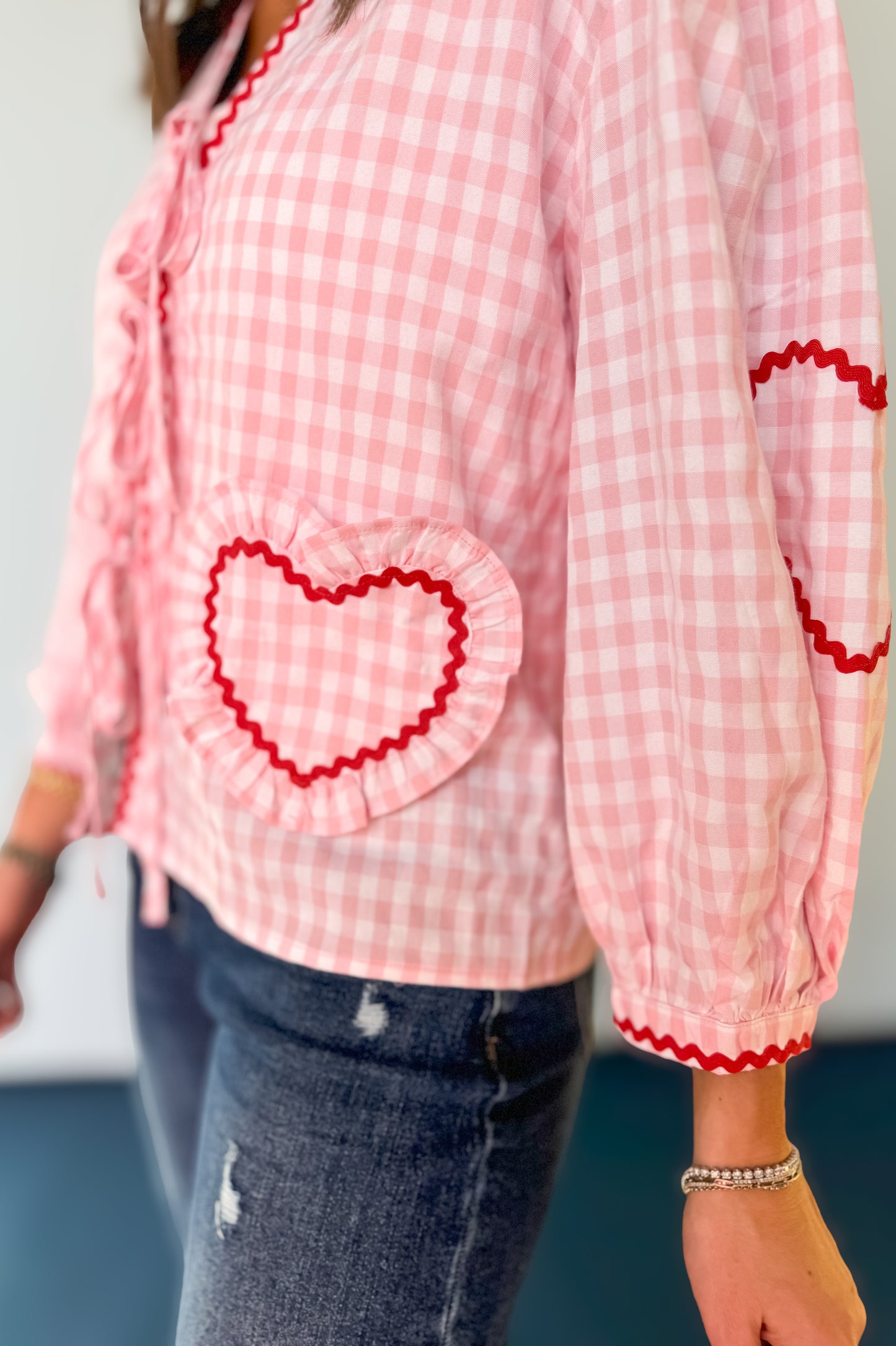 Pink Gingham Pattern Heart Ric Rac Trim Pockets Top *FINAL SALE*