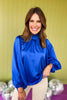 fall top, elevated top, elevated basics, pan tend, colorful top, blue top, perfect for fall, silk top, ongsleeve top, holiday party outfit inspo, balloon arm sleeve, perfect color for fall, SSYS by mallory Fitzsimmons