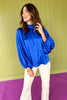 fall top, elevated top, elevated basics, pan tend, colorful top, blue top, perfect for fall, silk top, ongsleeve top, holiday party outfit inspo, balloon arm sleeve, perfect color for fall, SSYS by mallory Fitzsimmons