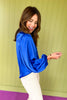 fall top, elevated top, elevated basics, pan tend, colorful top, blue top, perfect for fall, silk top, ongsleeve top, holiday party outfit inspo, balloon arm sleeve, perfect color for fall, SSYS by mallory Fitzsimmons