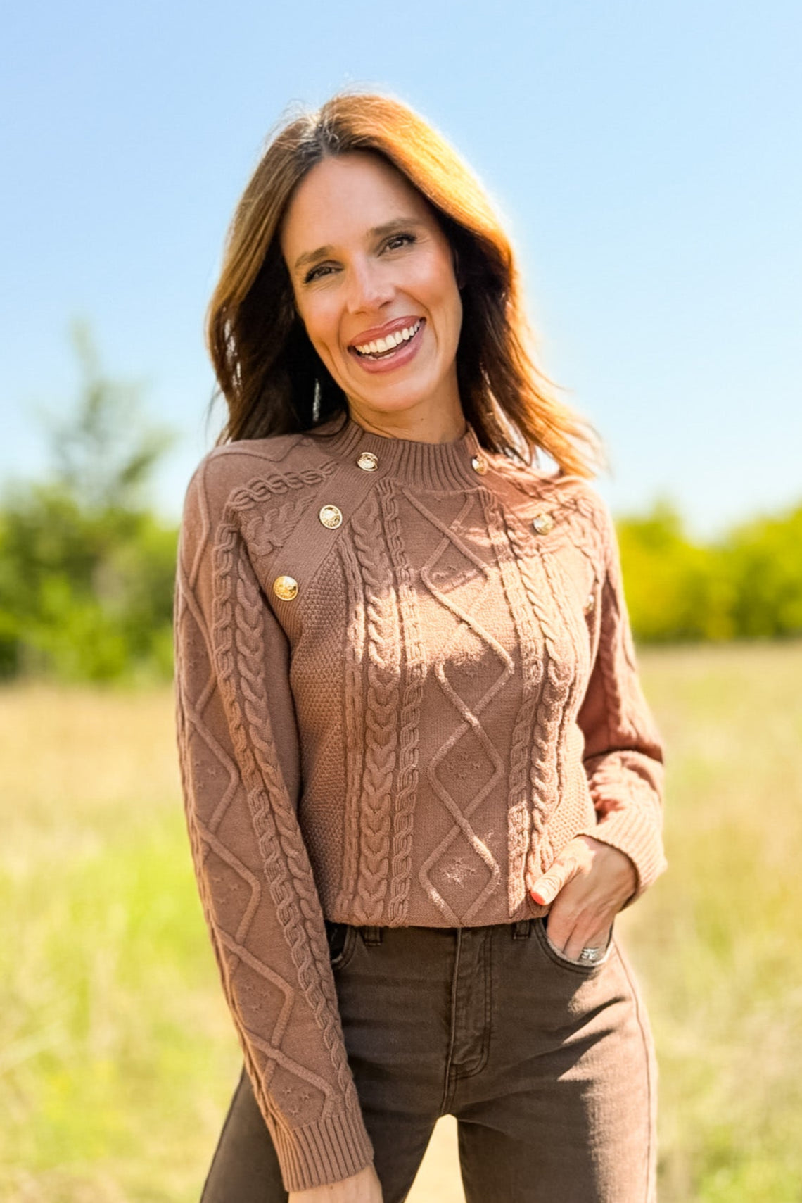 SSYS Larkyn Button Cable Knit Sweater In Dark Taupe