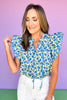 Blue Floral Print Pleated Front Scallop Edge Ruffle Sleeve Top