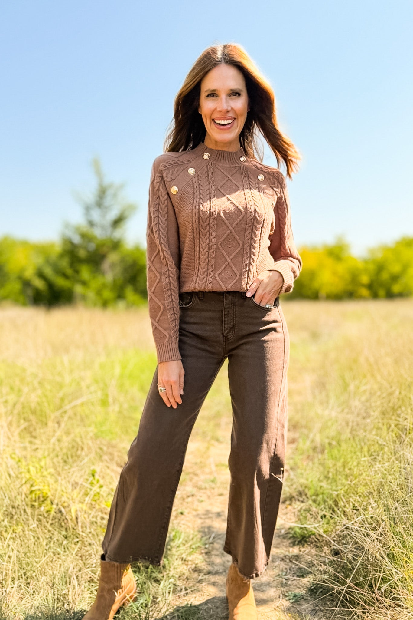 SSYS Larkyn Button Cable Knit Sweater In Dark Taupe