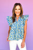 Blue Floral Print Pleated Front Scallop Edge Ruffle Sleeve Top