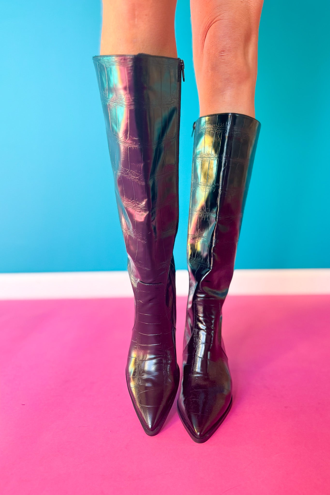 Shu Shop Black Croc Tall Pointed Toe Kitten Heel Boots