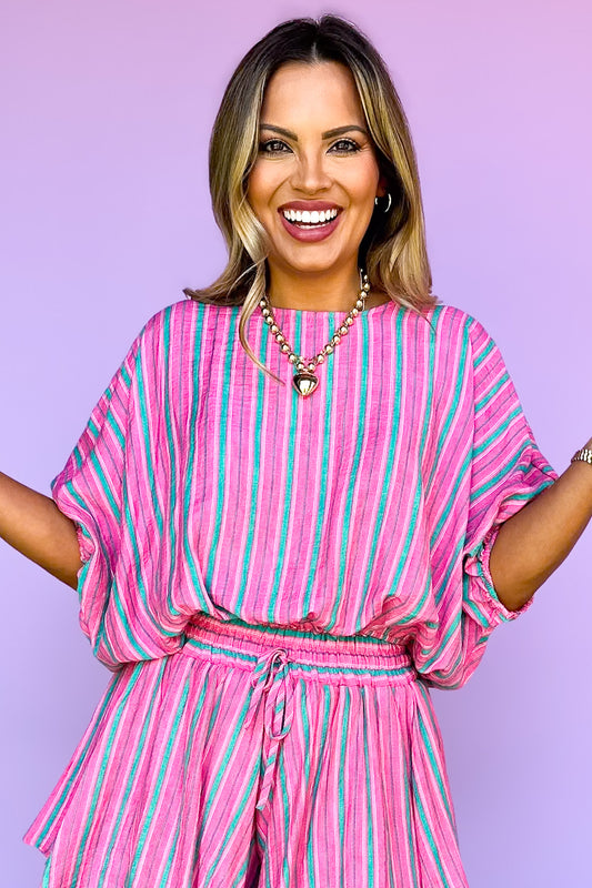 Pink Stripe Drop Shoulder Short Sleeve Top