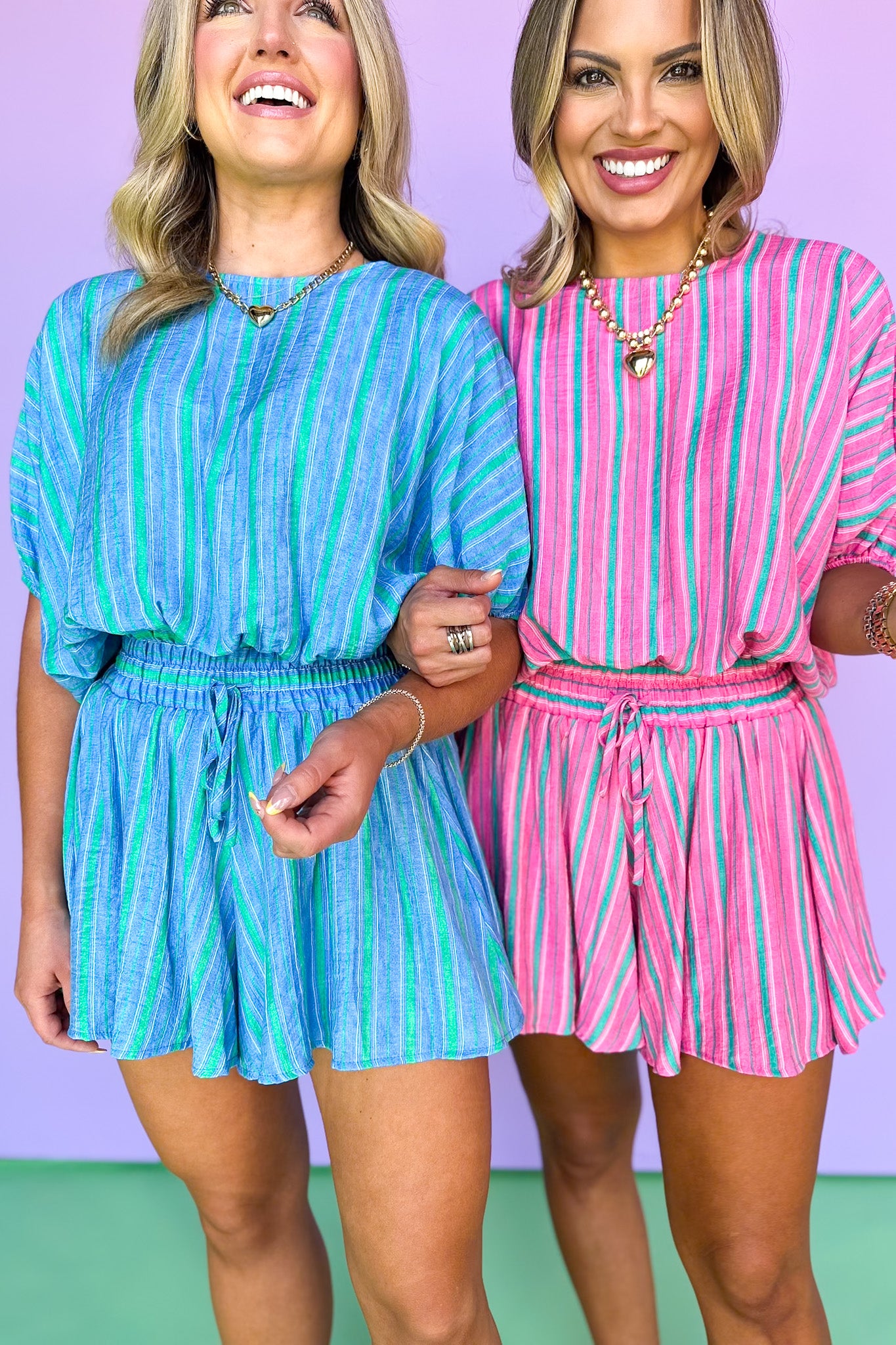 Blue High Waist Elastic Tie Band Stripe Shorts