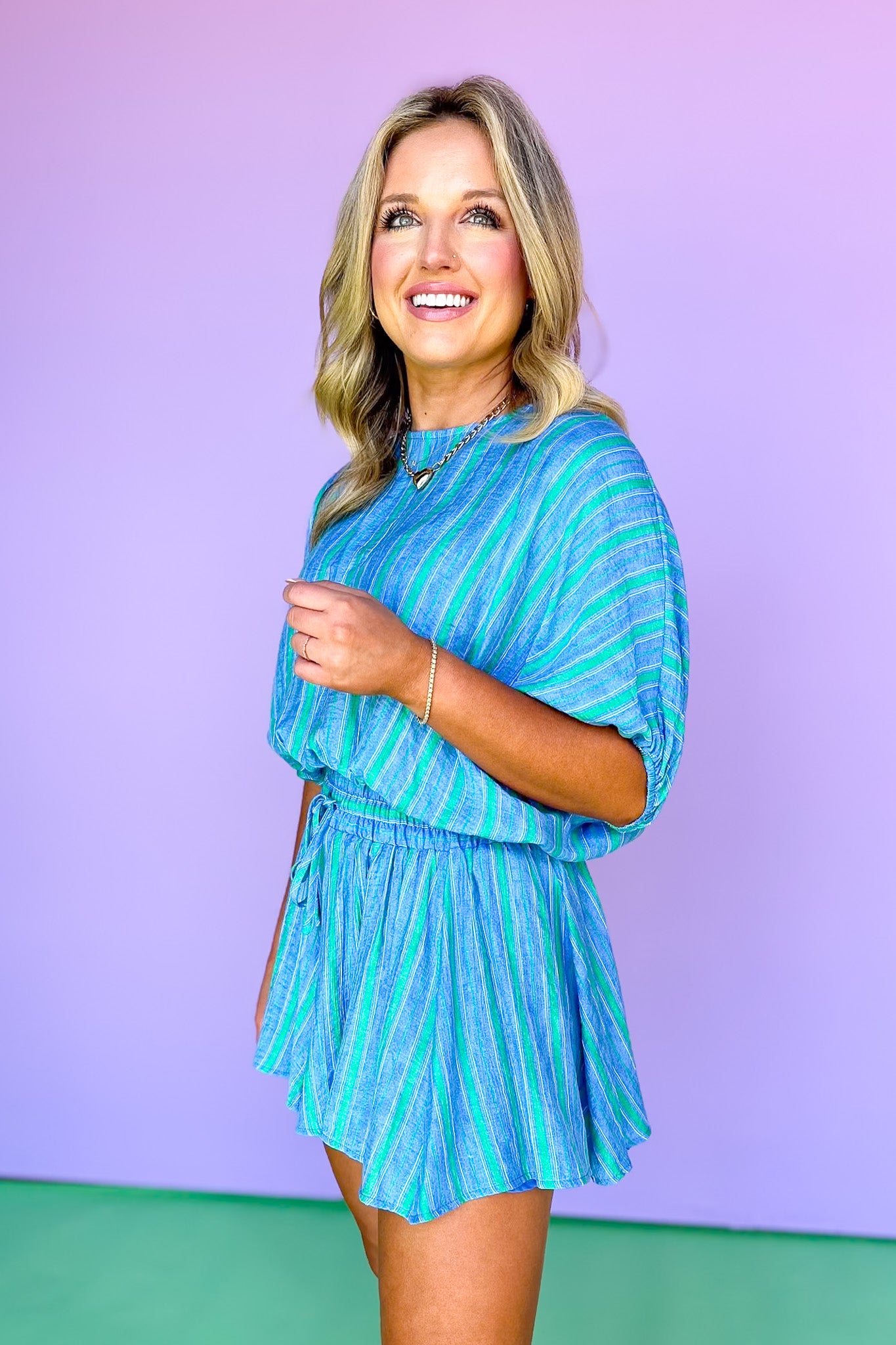 Blue Stripe Drop Shoulder Short Sleeve Top