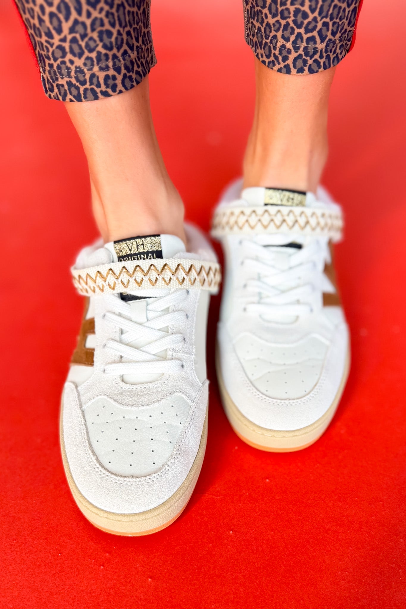 Vintage Havana Off White Embroidered Strap Fur Slip On Sneakers