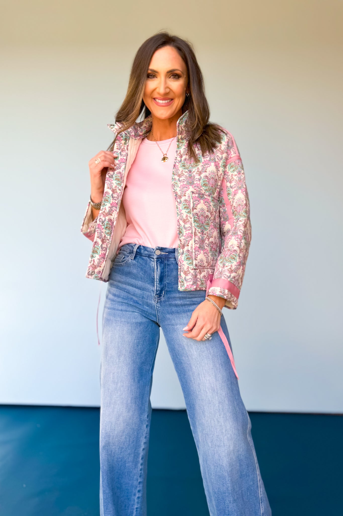 Pink Print Self Tie Detail Waist Snap Button Jacket, spring jacket, pop of color, easy to wear, new arrivals, trend forward, unique, boutique style, ssys by mallory fitzsimmons.