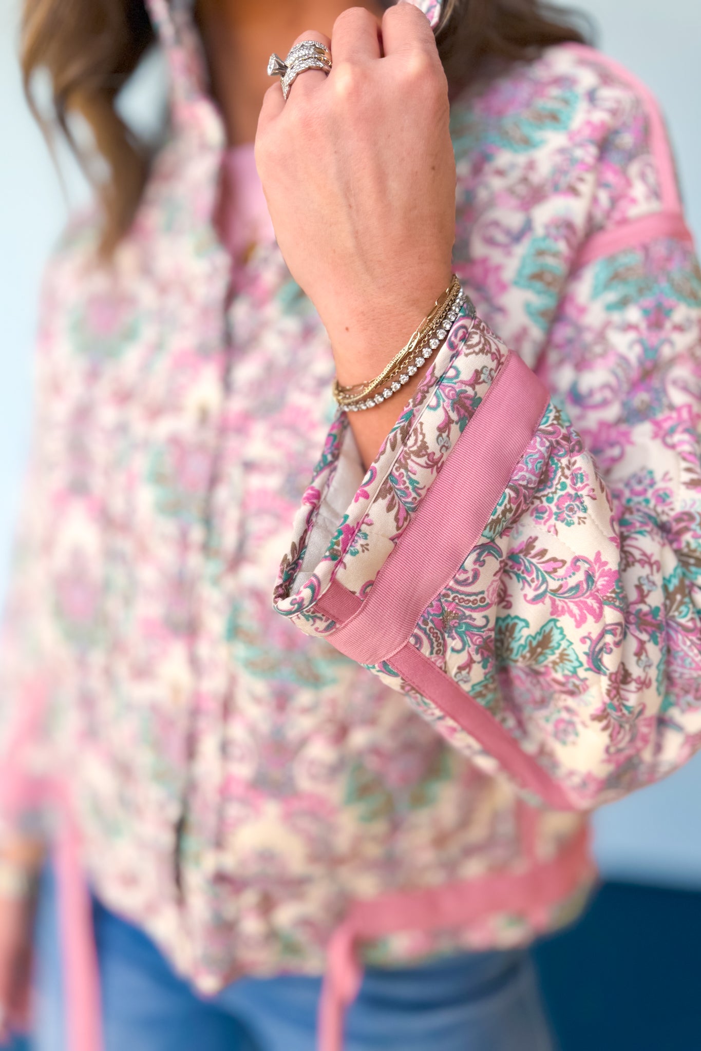 Pink Print Self Tie Detail Waist Snap Button Jacket, spring jacket, pop of color, easy to wear, new arrivals, trend forward, unique, boutique style, ssys by mallory fitzsimmons.