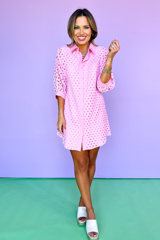 Pink Eyelet Lace Embroidered Shirt Dress