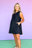 Black Pleated Round Neck Bow Tie Closure Sleeveless Dress