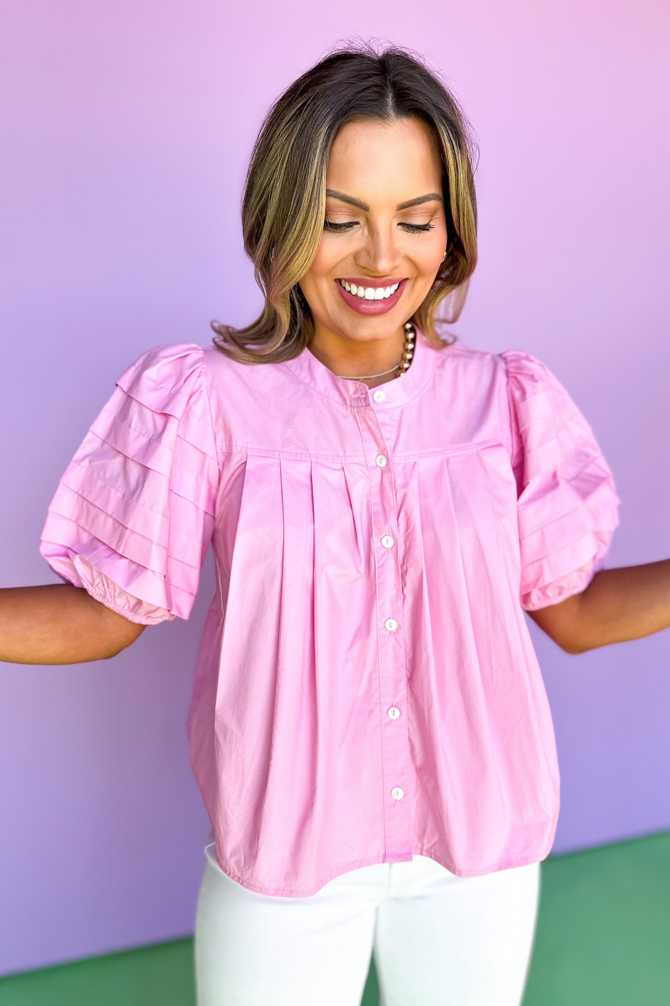 Pink Pleated Button Down Short Puff Sleeve Top