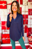 SSYS Navy Honeycomb Long Sleeve Frill V Neck Active Top