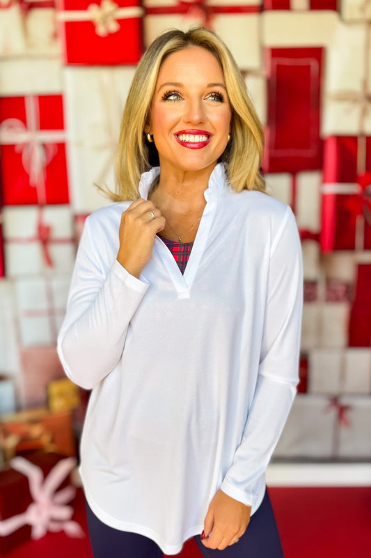 SSYS White Honeycomb Long Sleeve Frill V Neck Active Top