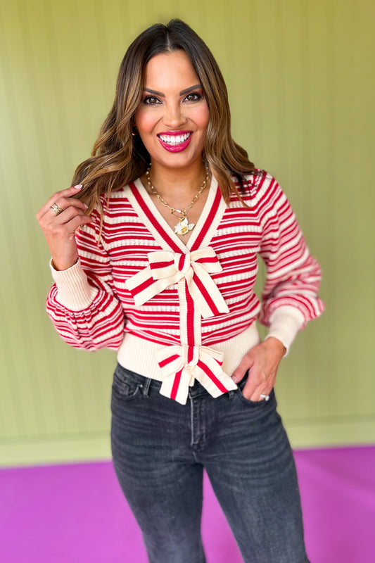 Red Knit Stripe Bow Tie Front Long Sleeve Cardigan Top, fun fall top, fall top, holiday top, Christmas top, bow top, bow trend, preppy style, elevated stye, chic holiday, SSYS by mallory Fitzsimmons