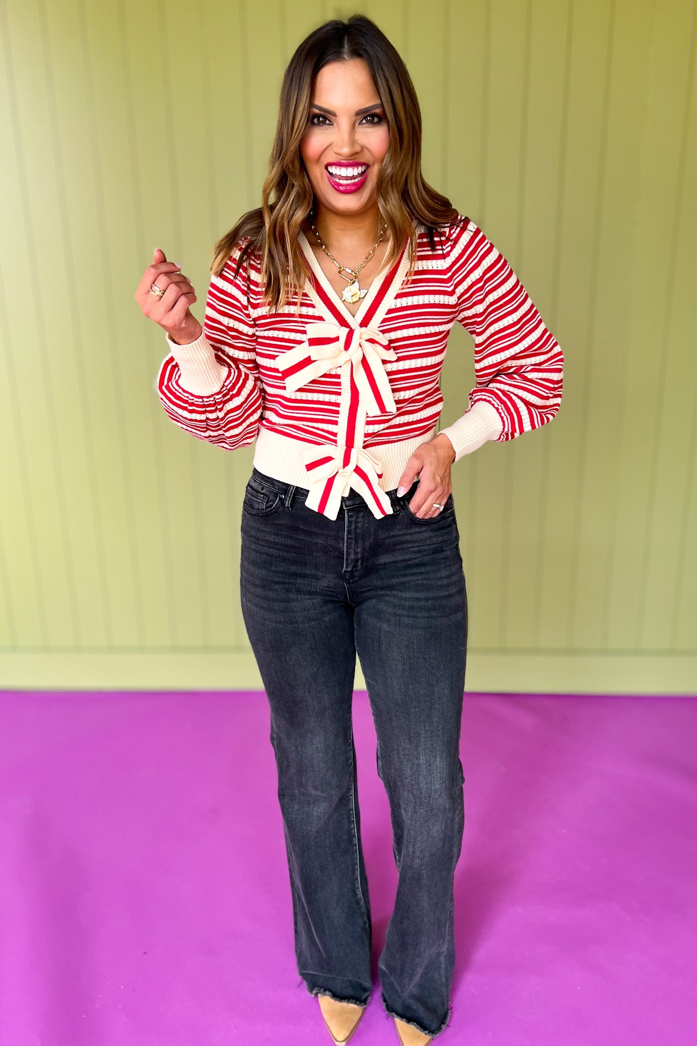 Red Knit Stripe Bow Tie Front Long Sleeve Cardigan Top, fun fall top, fall top, holiday top, Christmas top, bow top, bow trend, preppy style, elevated stye, chic holiday, SSYS by mallory Fitzsimmons