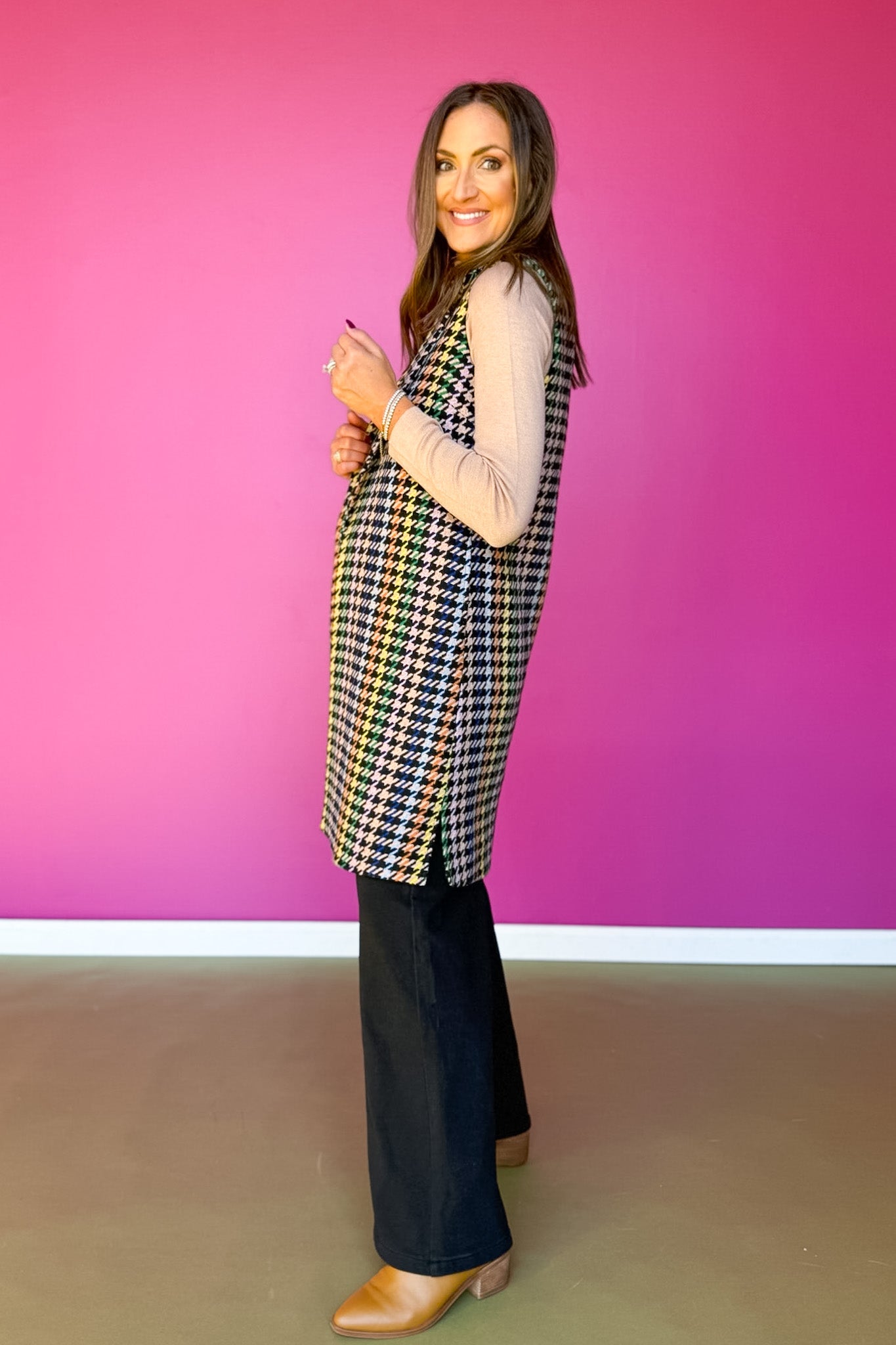 SSYS Kennedy Houndstooth Long Vest In Black Multi