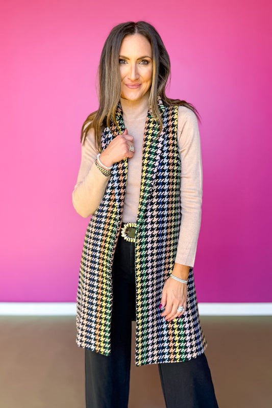 SSYS Kennedy Houndstooth Long Vest In Black Multi