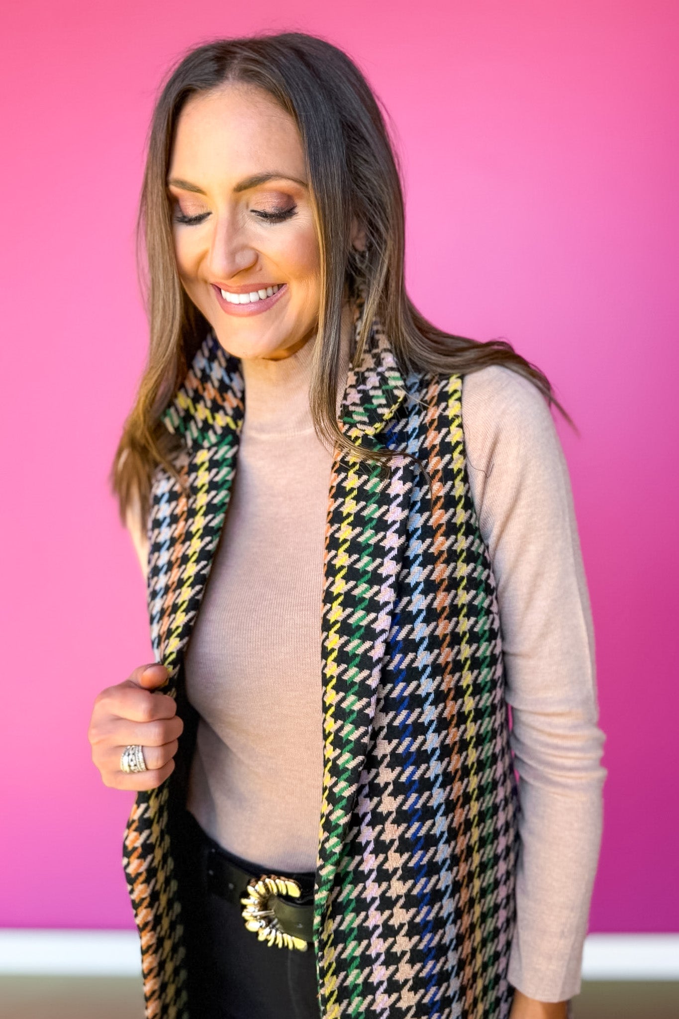 SSYS Kennedy Houndstooth Long Vest In Black Multi
