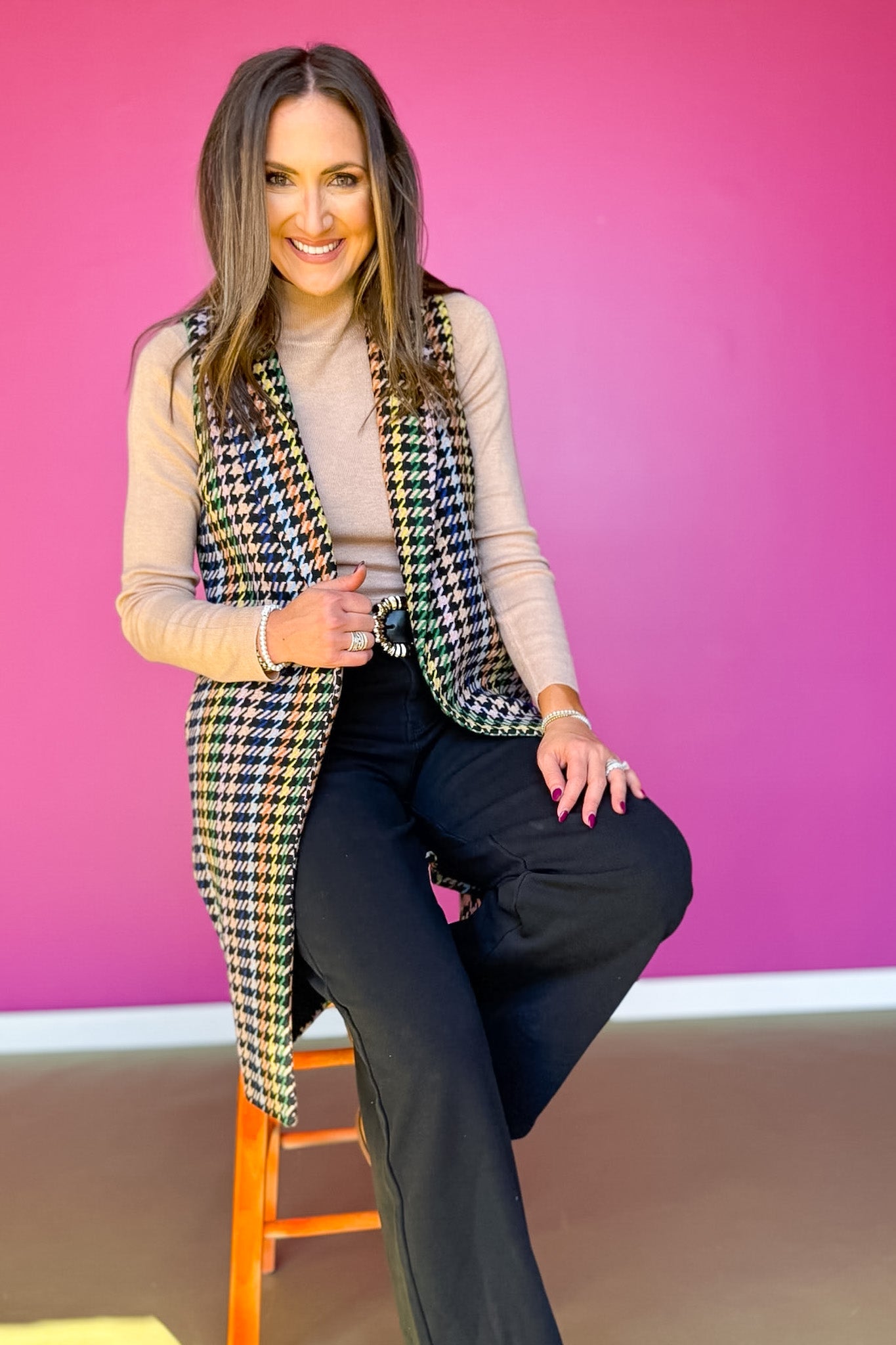 SSYS Kennedy Houndstooth Long Vest In Black Multi
