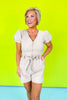 Taupe Washed V Neck Zip Up Puff Short Sleeve Romper *FINAL SALE*