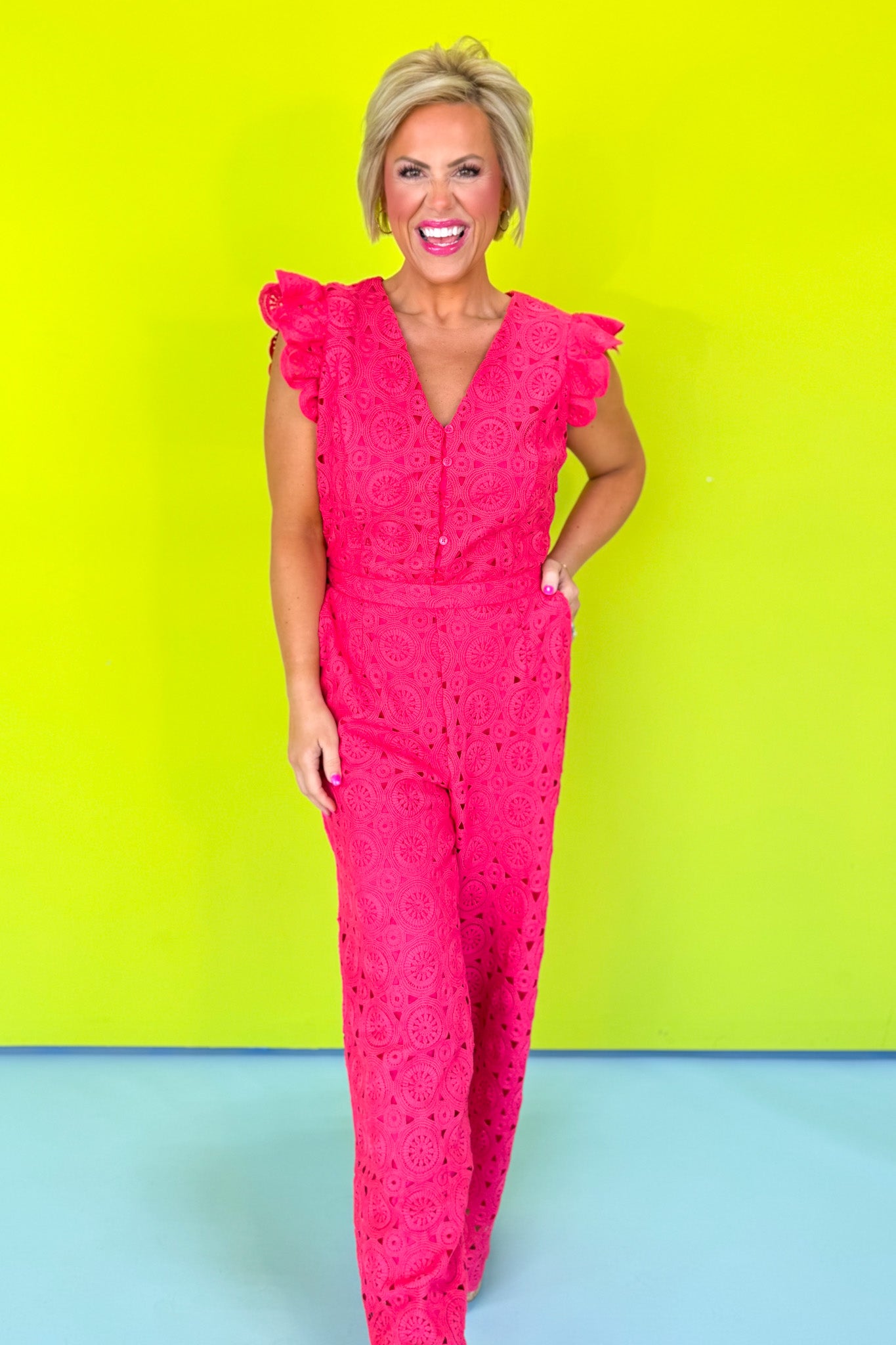 Pink Crochet V Neck Flutter Sleeve Back Cut Out Jumpsuit *FINAL SALE*