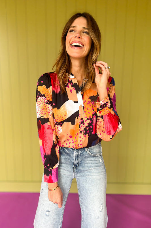 Black Multi Abstract Print Satin Button Down Top, fun fall top, elevated basics, fall top, button down top, pattern top, fall pattern top, fall outfit inspo, SSYS by mallory Fitzsimmons