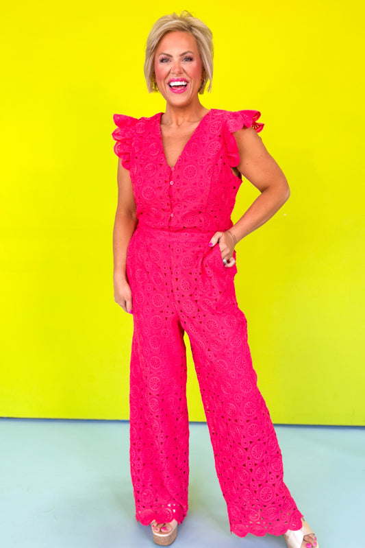 Pink Crochet V Neck Flutter Sleeve Back Cut Out Jumpsuit *FINAL SALE*