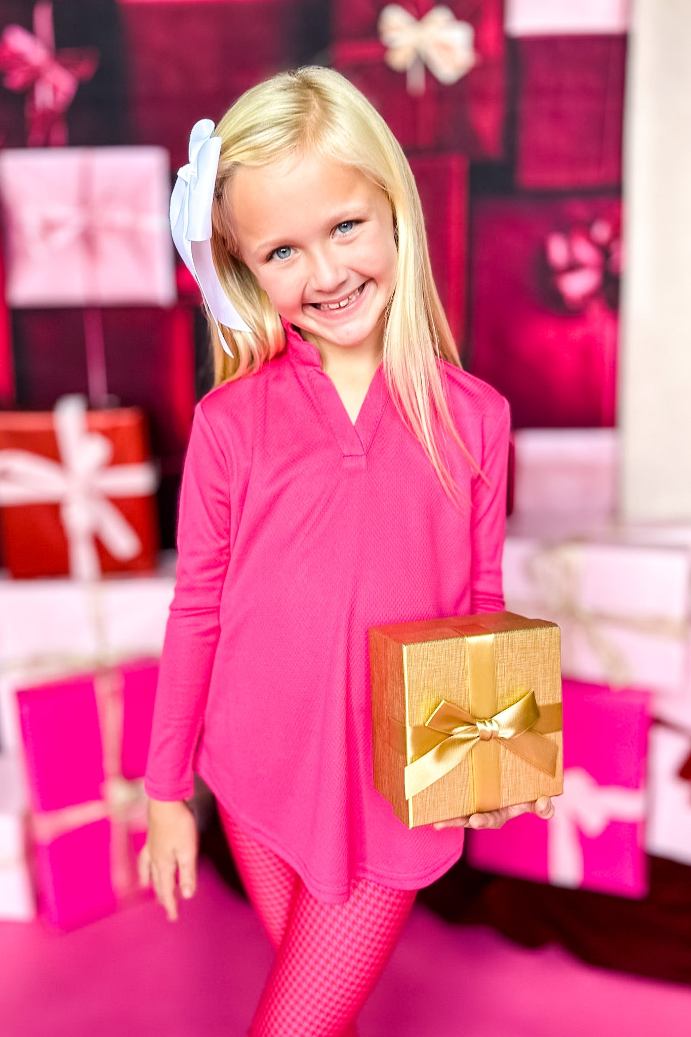 SSYS Kids Pink Honeycomb Long Sleeve Frill V Neck Active Top