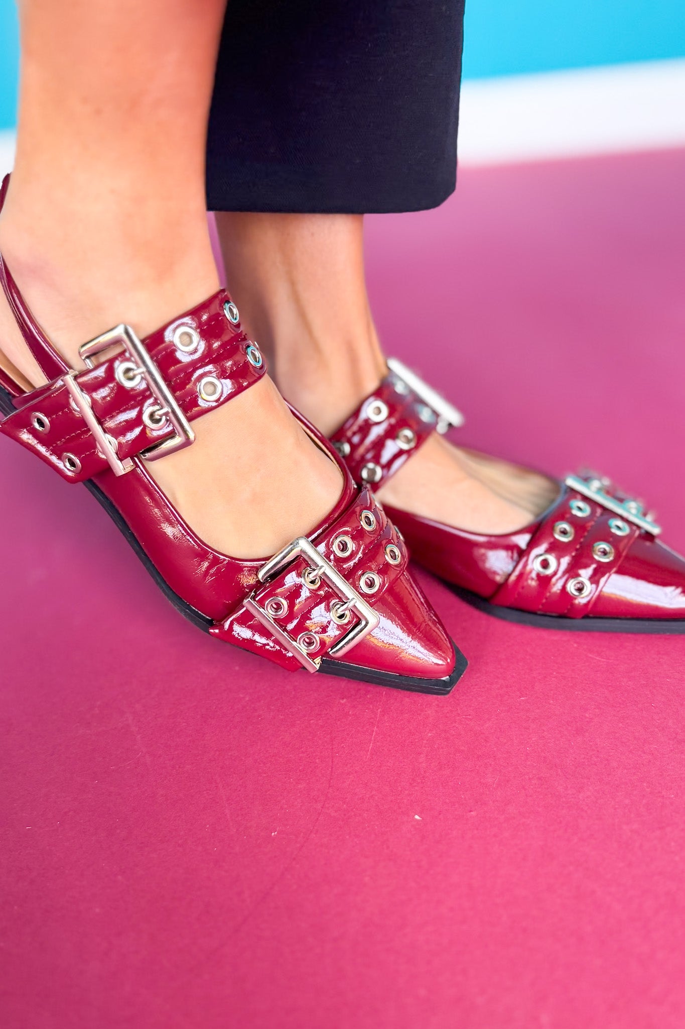 Maroon Patent Grommet Slingback Flats